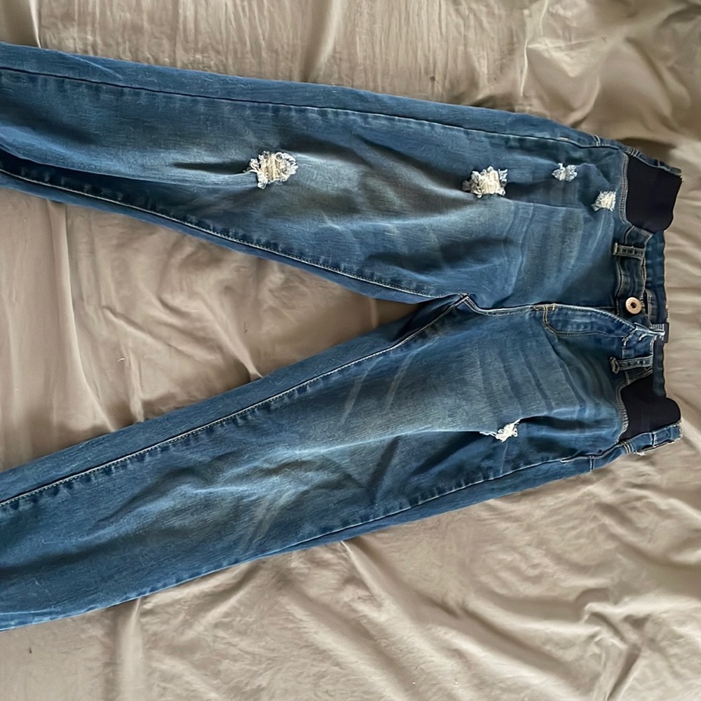 Maternity pants; cute in style blue jeans; ripped jeans